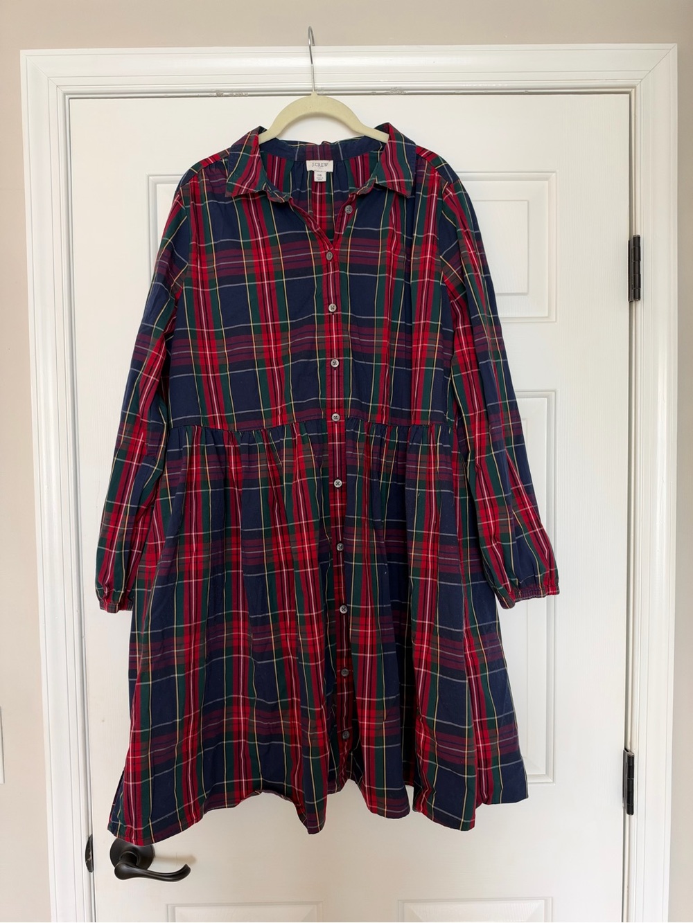 J. Crew Red and Navy Plaid Button-Down Casual Dress